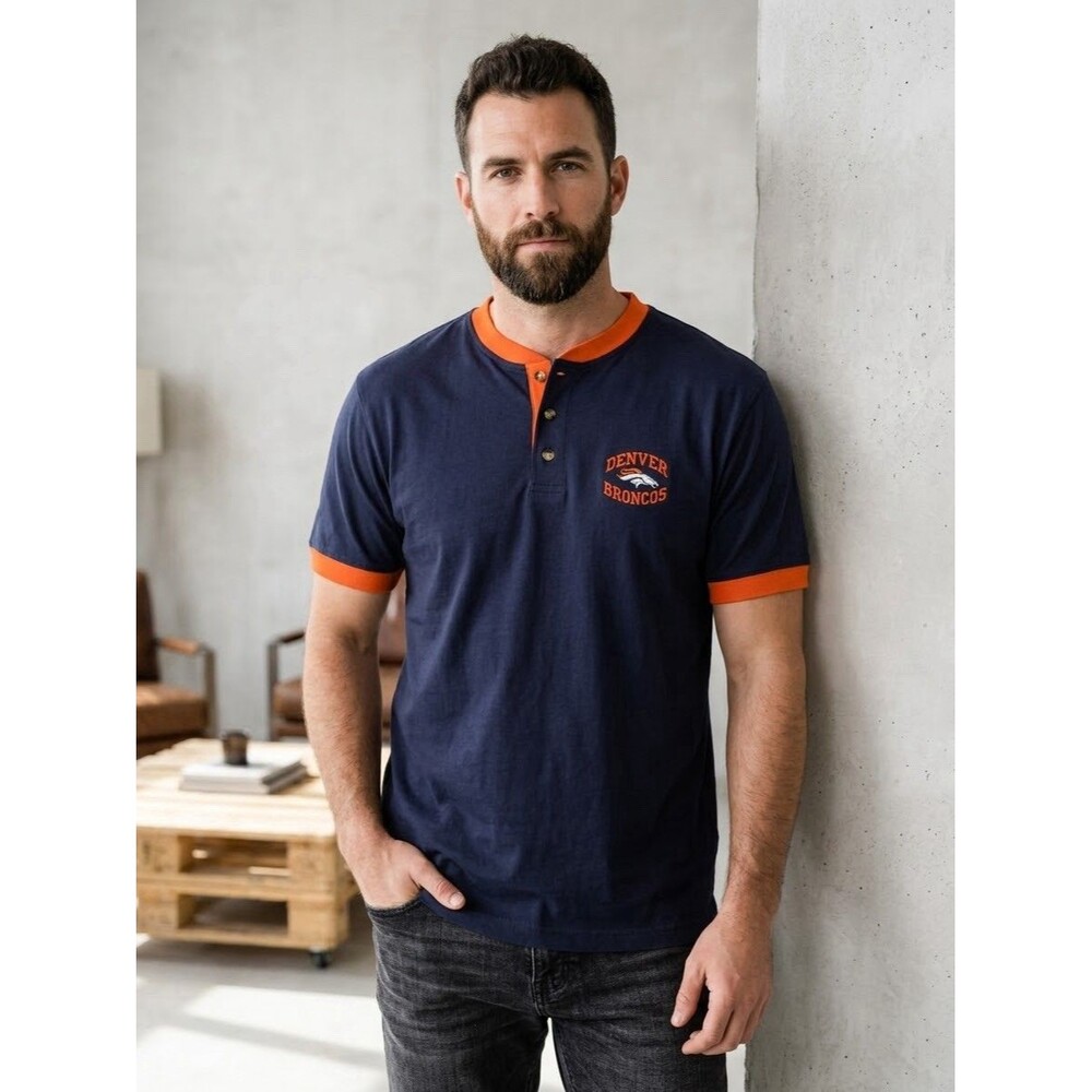 Vintage The Edge Denver Broncos Henley Shirt Mens L Navy Orange 1999 NFL
